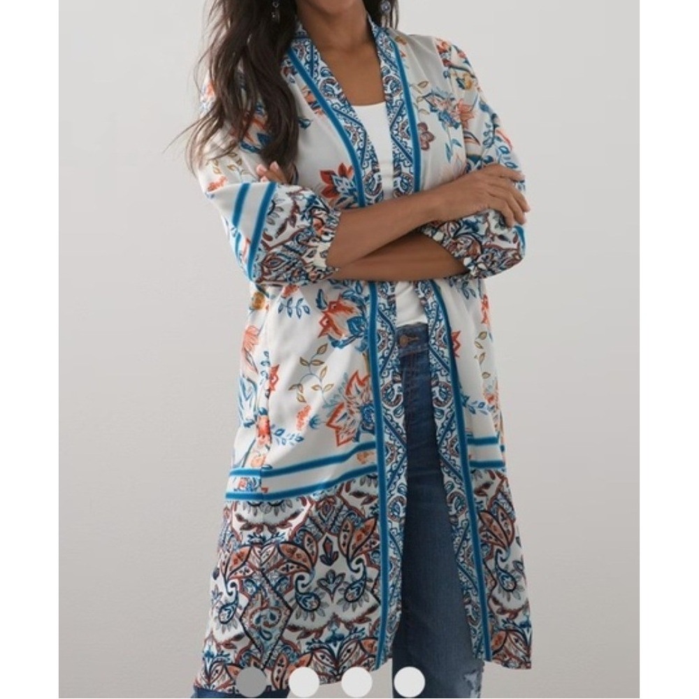 Chicos Floral Long Line Open Front Kimono Duster Jacket Sz 3/LX Boho‎ Robe